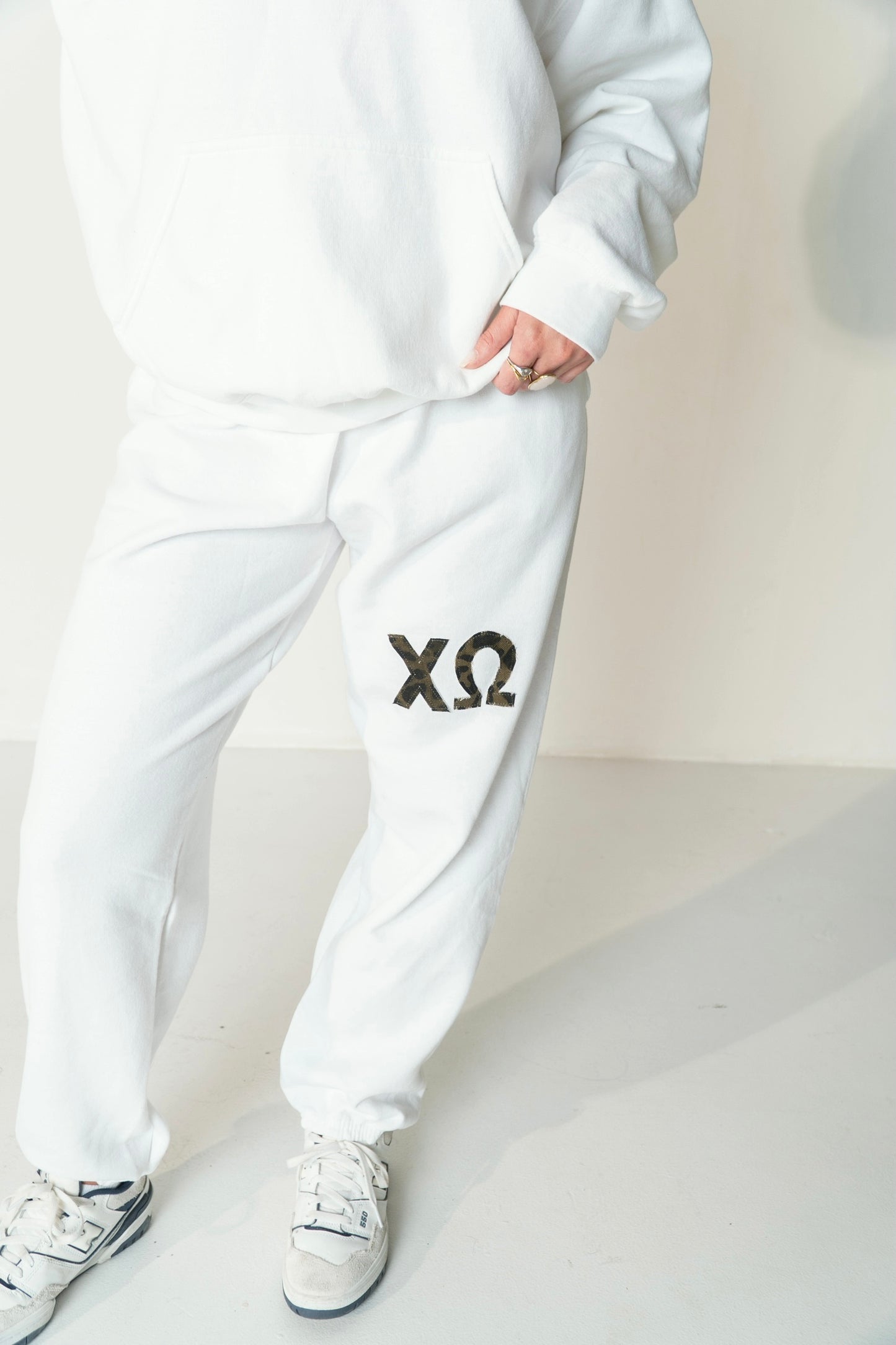 Chi Omega Cheetah on White Sweatpants